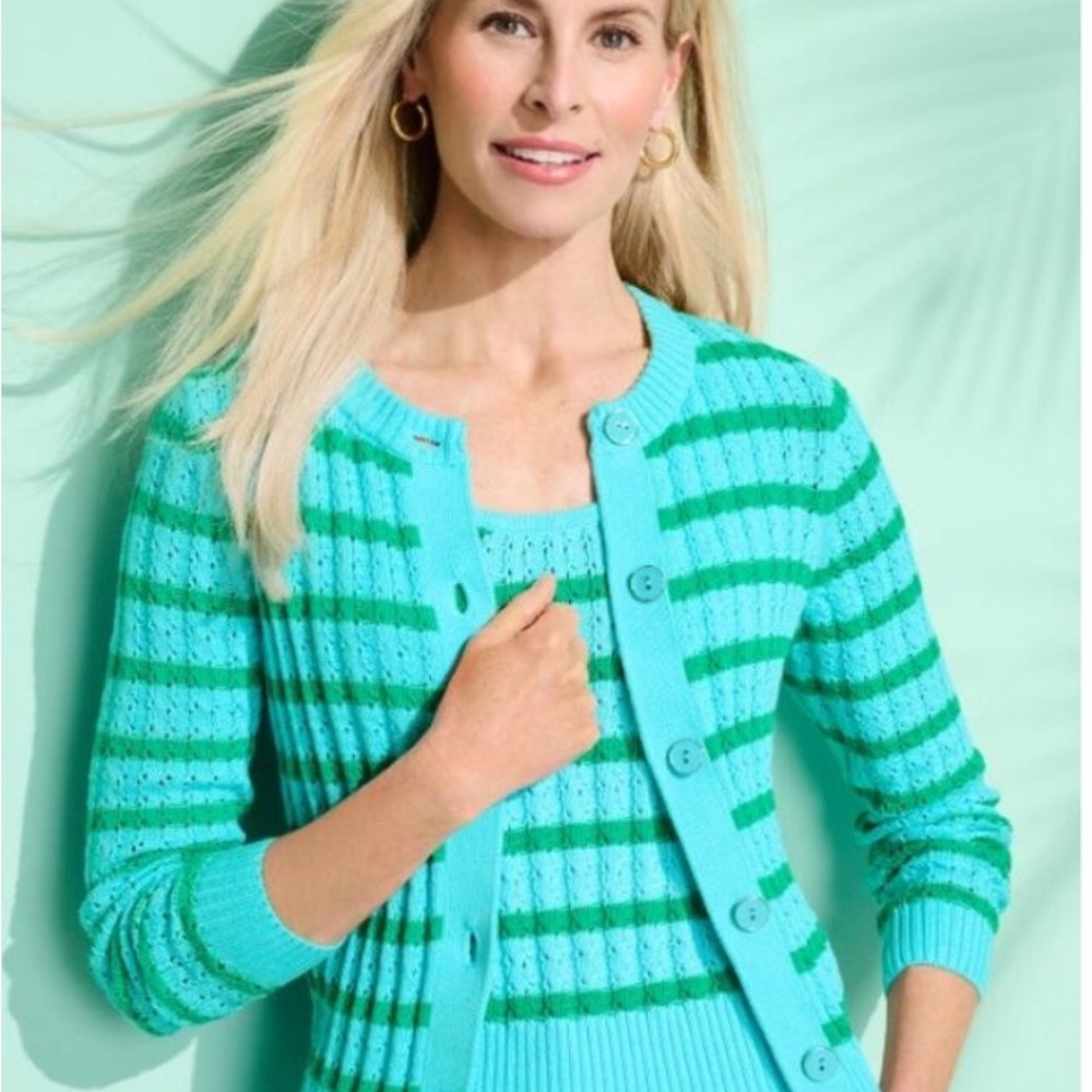Talbots Aqua and Green Striped Cardigan matching set with tank top